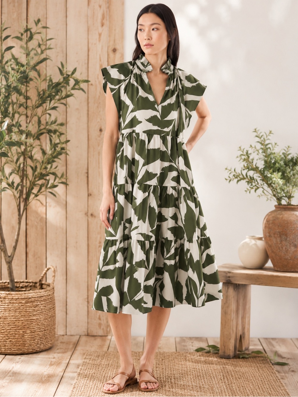 CROSBY by Mollie Burch Olive & White Leaf-Print Tiered Midi Dress – Size Small